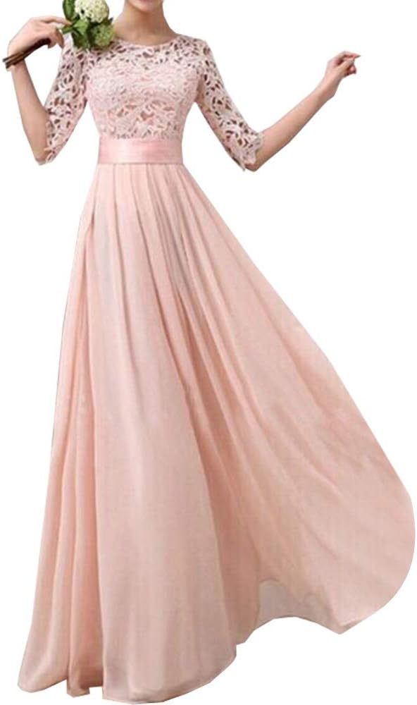 Eiffel Women's Lace Splicing Chiffon Long Maxi Dress Evening Wedding Bridesmaid Gown,Pink,XX-Large