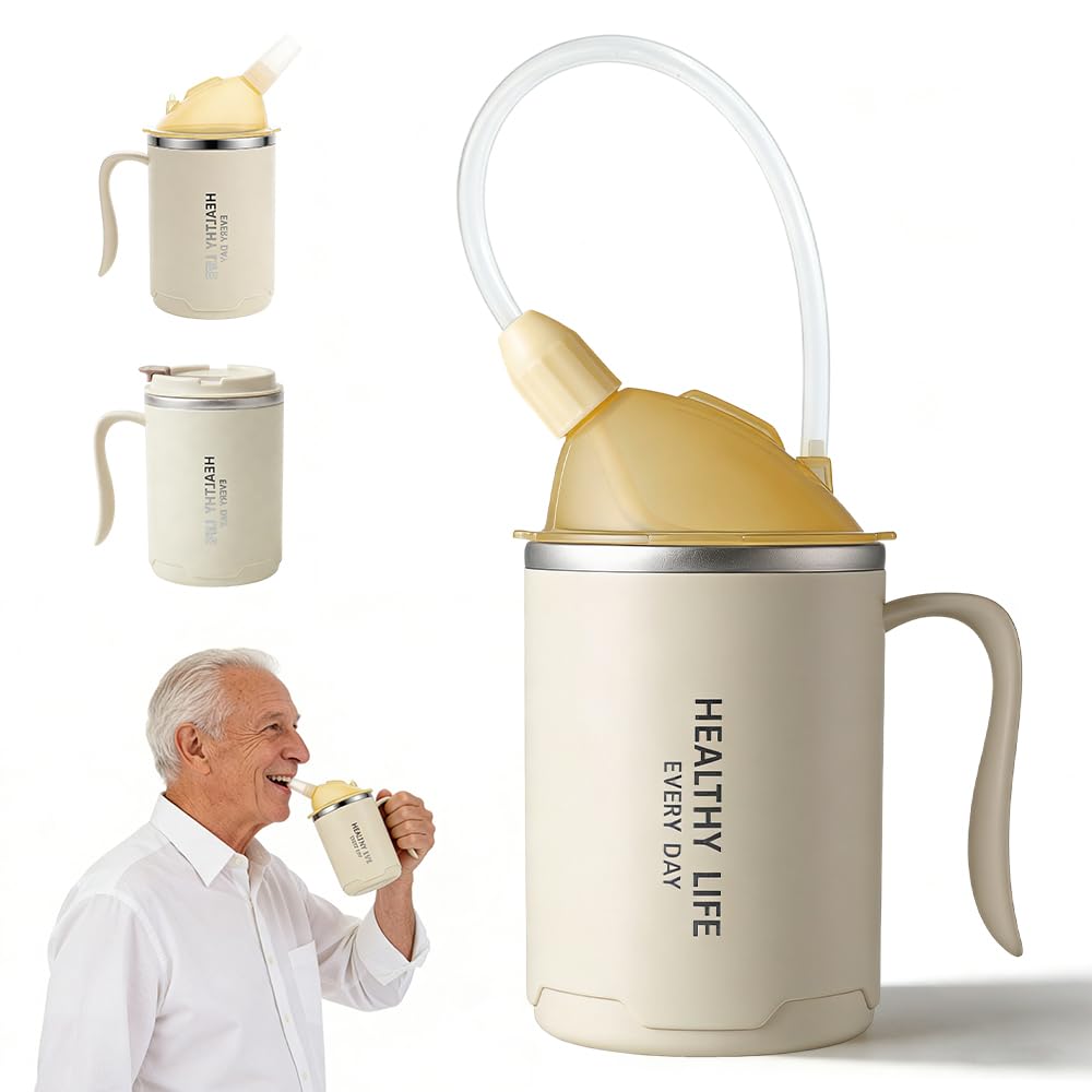 Kubek z ustnikiem dla seniorów, 3 w 1 400 ml Kubek ze słomką 30 cm i pokrywką z uchwytem, niekapiące kubki dla dorosłych, seniorów, pacjentów, rekonwalescencji, biały