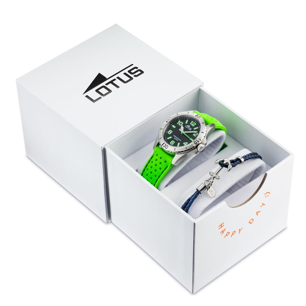 LOTUS Reloj Niño Analógico de Caucho Verde - Movimiento de Cuarzo - Reloj Infantil - Cristal Mineral Alta Resistencia - Resistente al Agua 5 ATM 18663/4 - con Pulsera de Regalo - Junior Collection