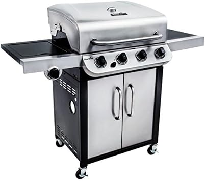 Char-Broil Convective Series 440S - 4 Burner Gas Barbecue Grill with Side-burner, Stainless Steel Finish. & 140 515 - Cast Iron Side-Burner Griddle (Plancha).