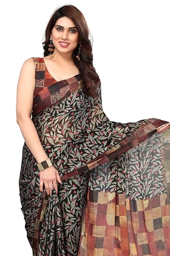 Image of MIRCHI FASHION Women Saree | Chiffon Leaf and Checked Print Professional Office Sari with Blouse