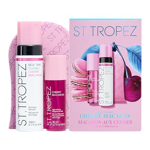 St.Tropez Self Tan Cherry Macaron Kit Iconic Classic Mousse 200ml Limited Edition Pink Mitt & New Hair & Body Cherry Macaron Fragrance Mist