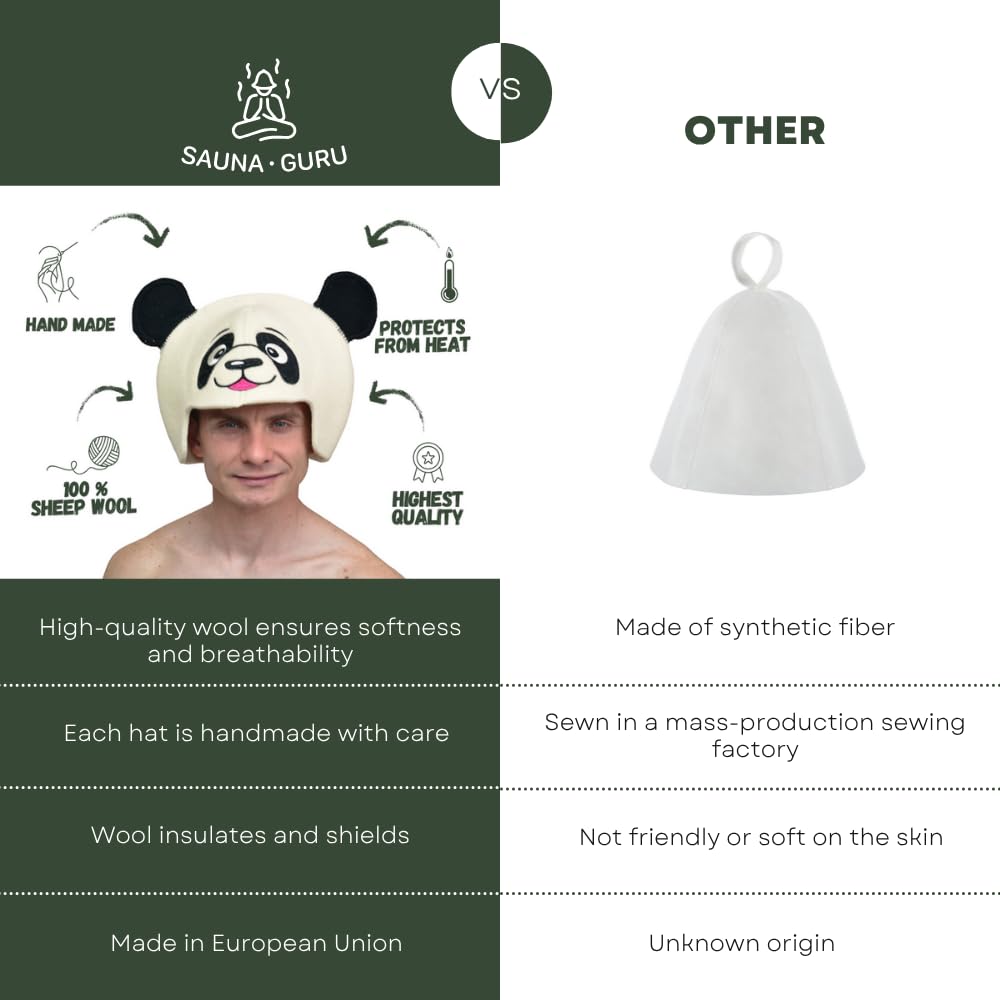 Saunahut 'Sauna Panda' White - 100% organische Wollfilzmützen - Schützen Sie Ihren Kopf vor Hitze - Englische Sauna E-Book Handbuch inklusiv - mit Stickerei