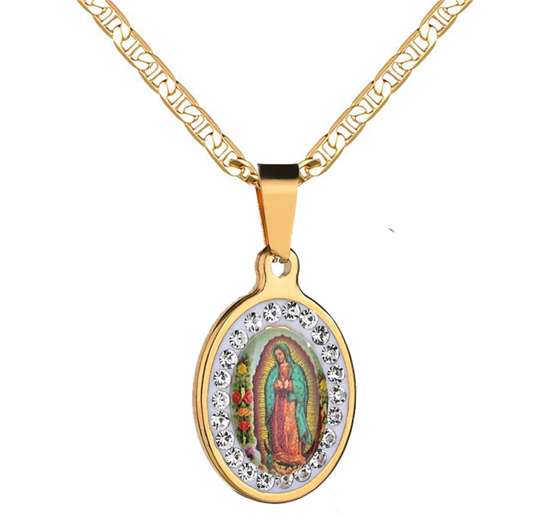 DouuYuhet 18K Gold Plated Flat 3MM Virgin Mary Guadalupe Charm Chain Pendant Necklace Christian Jewelry