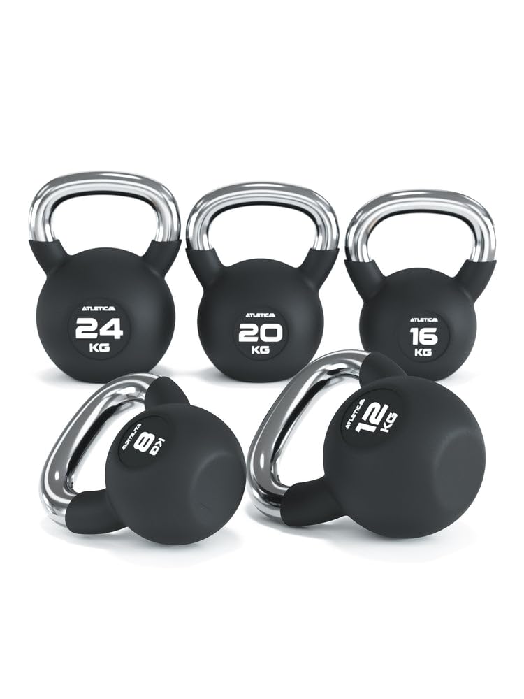 ATLETICA Zestaw Kettlebell | funkcjonalny | 8, 12, 16, 20, 24 kg | gumowane hantle kulowe z chromowanym uchwytem | wysokiej jakości stop stali | jakość studyjna | funkcjonalny trening całego ciała