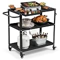 Tyfnry Grill Cart Table Indoor & Outdoor with 4 Lockable Casters, Hooks & Side Handle, Multifunctional Pizza Oven Stand for Patio Kitchen