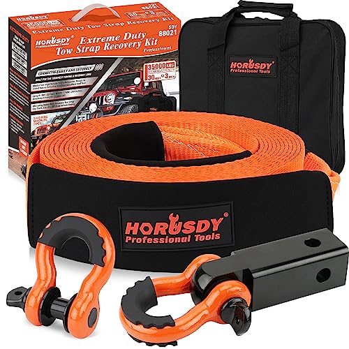 HORUSDY Nylon Heavy Duty Tow Strap Recovery Strap with Hooks 3' x 30Ft - 35,000 LBS Break Strength, 2' Shackle Hitch Receiver + 3/4 D Ring Shackles (2pcs), Recover Your Vehicle Stuck in Mud/Snow.