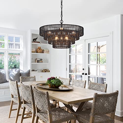 Elyccupa 302-WFD-6 20 Inch Hand-Woven Rattan Chandelier 6-Lights Transitional Minimalist 4 Round Boho Large Pendant Light thumb #3