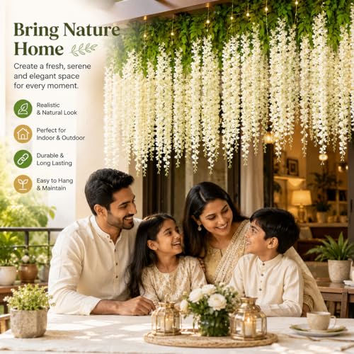 Image of Tia Crafts Polyester Artificial Hanging Flowers for Ceiling Balcony|White Wisteria Vine|Home Party Decor Garden Outdoor Greenery Office Wall Decoration|Waterproof Washable 45 Pack of 6(White,6)