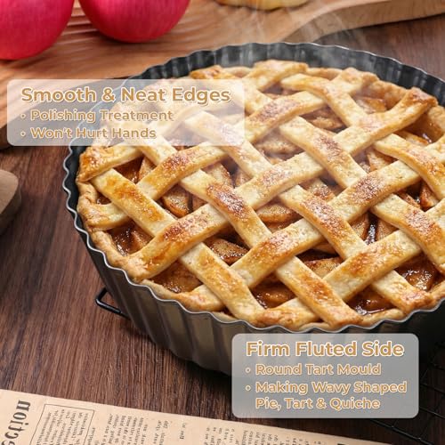 AOZUO 3 Pack 9.5 Inch Tart Pan with Removable Bottom, Non Stick Durable Carbon Steel Deep Quiche Tart Pan Fluted Pie Pan for Pot Oven Pies Cheesecakes Desserts