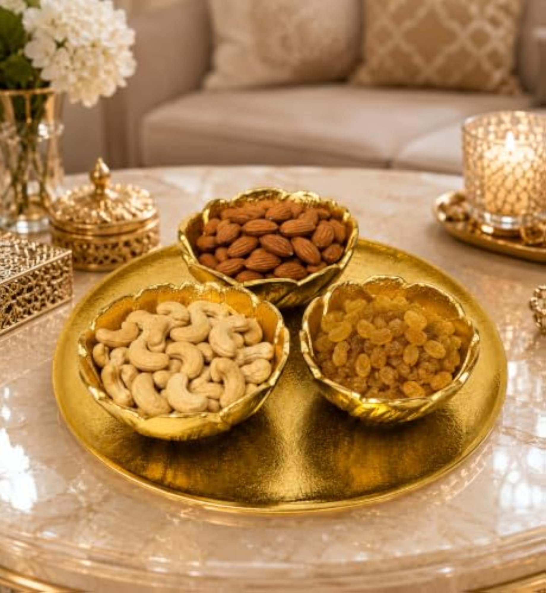 3 Fruit Bowl with Tray, Aluminium, Gold Plated
