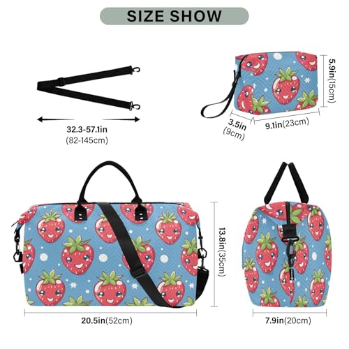 Cartoon Strawberry Sapphire Blue Decorative Overnight Carry On Tote and Luggage Gym Sports Carry with Adjustable Strap for Airplane Traveling Large Capacity maletas para gimnasio3