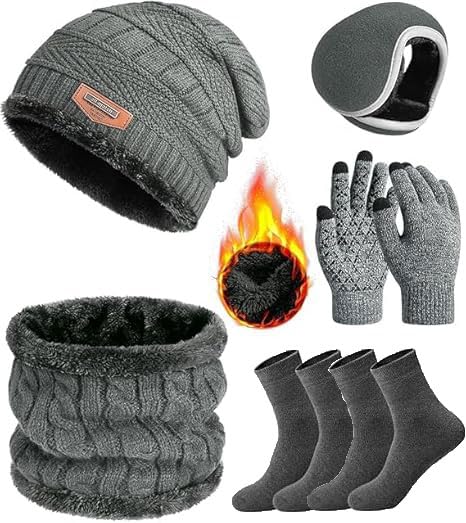 La Mejor Selección de Set de bufanda, gorro y guantes para Hombre favoritos de las personas. 48 6 en 1 Gorro de Invierno con Bufanda de Punto y Guantes de Pantalla Táctil Orejeras de Cálida Calcetines de Forro Polar, Traje Suave y Cálido, Regalos para Hombres y Mujeres...
