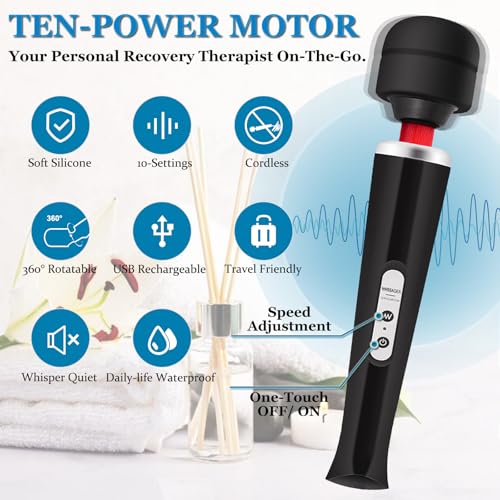Image of Wand Massager for Women - Cordless High-Frequency Handheld Body Massager with 10 Rhythmic Modes - Ergonomic Back & Shoulder Tension Relief - Splash-Proof Personal Wellness Essential (Onyx)