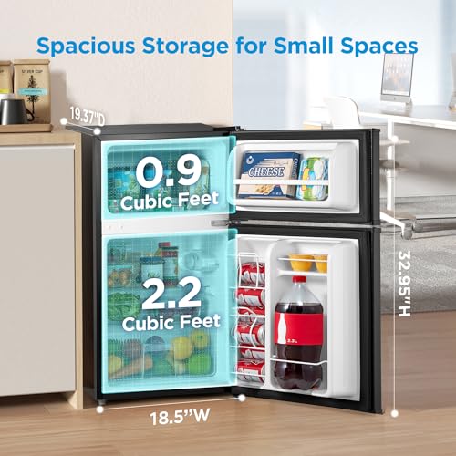 Midea WHD-113FB1 Double Door Mini Fridge with Freezer for Bedroom Office or Dorm with Adjustable Remove Glass Shelves Compact Refrigerator, 3.1 cu ft, Black - Image 3