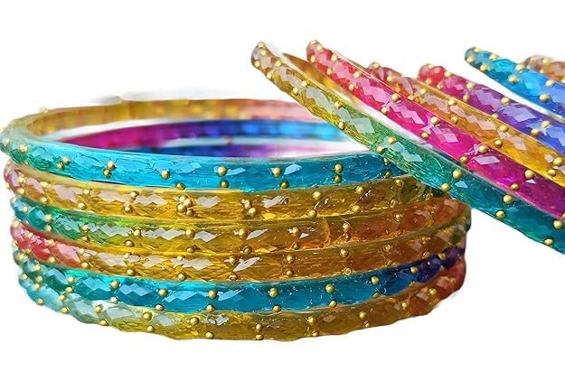 Image of JPS 16 Pcs Trendy Stylish Glass & Kashmiri Ghungroo Bangles Set for Women & Girls | Gold-Plated Traditional Festive Wedding Party Jewellery Chudi Set (12 Glass + 4 Metal)