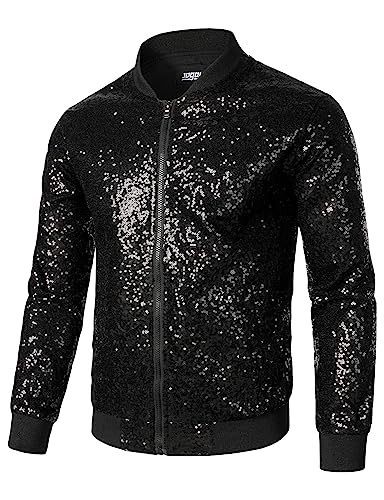 JOGAL Herren Metallic Pailletten Jacke 70er Baseball Bomberjacke Disco Nachtklub Party Kostüm Schwarz X-Large