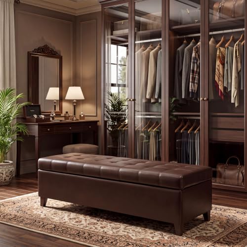 Image of 51 inch Dark Brown Leather Storage Ottoman for Living Room