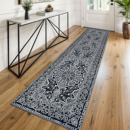 KUTA Runners for Hallways 2x8 Black, Vintage Medallion Kitchen Rugs Non-Slip Ultra Soft Washable Printed Retro Distressed Vintage Carpet Entryway Runners for Bedroom Laundry Nursery