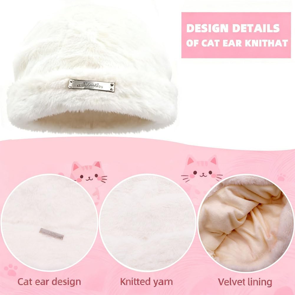 Sombrero de Oreja de Gato, Sombrero de Punto de Invierno Femenino, Sombrero de Punto Elástico de Moda, Adecuado para Actividades al Aire Libre y Uso Diario en Clima Frío - Beige