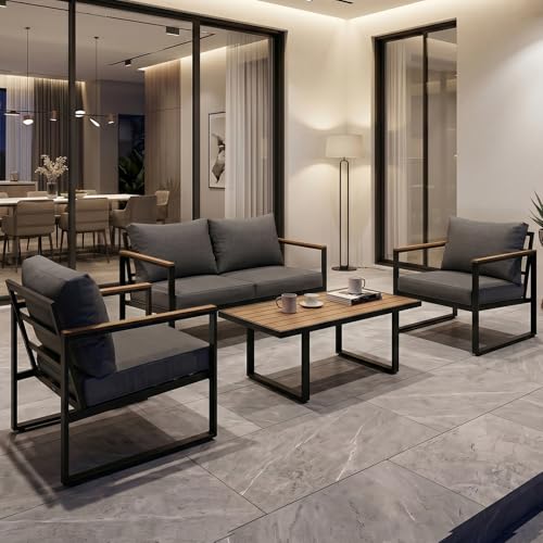 Image of Modern Patio Furniture Set, 4 Pieces Outdoor Conversation Set | Metal Patio Furniture with 4 inch Washable Foam Cushions, Ships in 1 Box, Gray