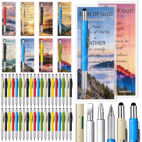 Tenceur 48 Set Fathers Day Bulk Gifts for Church 6 in 1 Multi Tool Pen with Religious Bible Verse Bookmark Man of God Christian Gift for Men Church Prizes Husband Bible Study Supplies (Man of God)