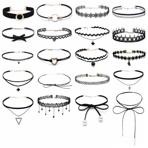 20 Stück Choker Halsketten Set Schwarze Samt-Halsbänder Verstellbare Gothic Tattoo Spitze Choker Ketten Stretch Samt Classic für Frauen...