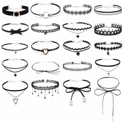 20 Stück Choker Halsketten Set Schwarze Samt-Halsbänder Verstellbare Gothic Tattoo Spitze Choker Ketten Stretch Samt Classic für Frauen Mädchen/Geburtstag/Party/Hochzeit