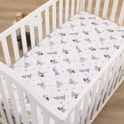 Image of NoJo Disney Mickey Mouse Light Blue, White, and Tan Donald Duck, Goofy, and Pluto Super Soft Nursery Fitted Crib Sheet