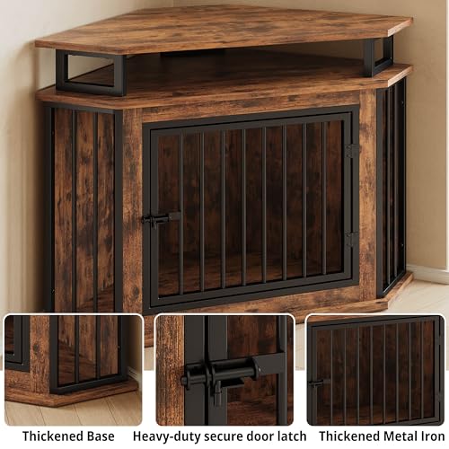 IRONCK 44" Corner Dog Crate with 2-Tier Shelves, Wooden Dog Kennel Furniture, Dog Kennel Indoor Furniture for Small and Medium Dogs, Rustic Brown (23.6" L x 43.3" W x 32.3" H) - Image 6