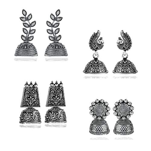 Image of Yellow Chimes Earrings for Women & Girls | Traditional Silver Oxidised Jhumka | German Silver Oxidized Drop Earring Set | Earrings Combo | Accessories Jewellery | Birthday & Anniversary Gift