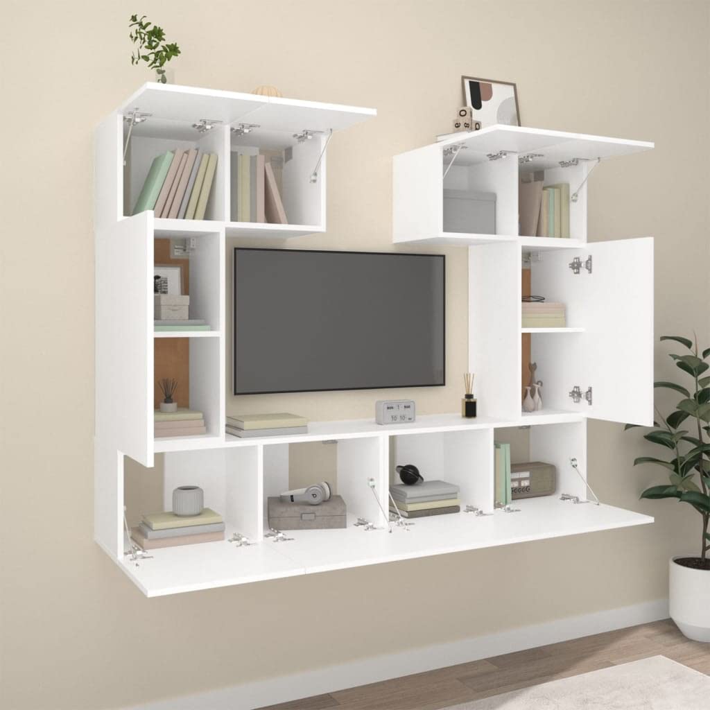 6-TLG. TV-Schrank-Set, Weiß Holzwerkstoff, Hängend, Modernes Media-Center für Wohnzimmer, Schlafzimmer, Robustes Entertainment-Center, Vielseitiger TV-Ständer
