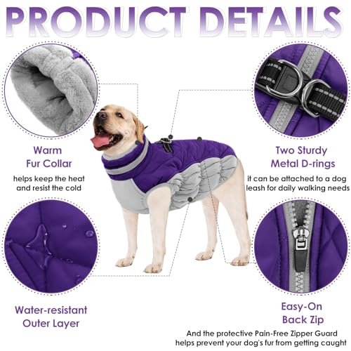 Image of AOFITEE Dog Coat, Warm Dog Winter Coat for Large Dogs, Reflective Turtleneck Dogs Jacket with Harness Built in, Waterproof Windproof Pet Puffer Jacket Fleece Vest for Cold Weather, Purple XXXL