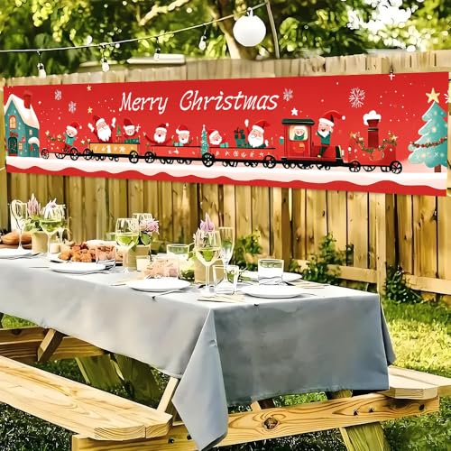 Image of Christmas Train Banner 78.7 x 17.7 Inch Santa with Gift Carriage Red Background Holiday Decoration for Yard Garden Fence Porch Patio or Outdoor Display Great for Christmas Party Scene and Winter Celebration