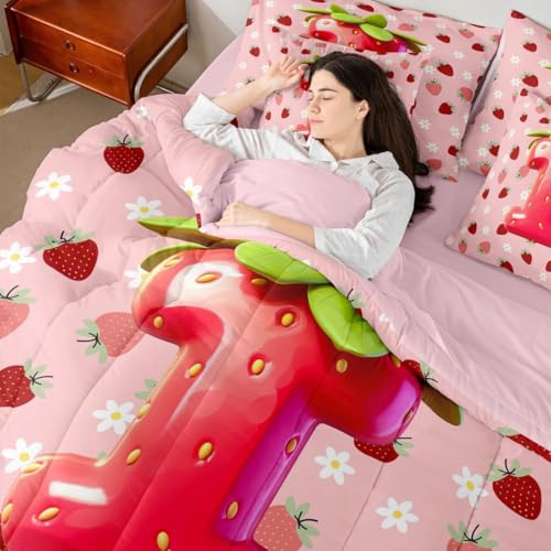 Image of Feelyou Girls Pink Red Strawberry Comforter Set with Sheets 7 Piece Queen Size Initial Letter I Bed in a Bag Kids Princess Strawberry Bedding Set Bedroom Decor Breathable Soft Lightweight Microfiber