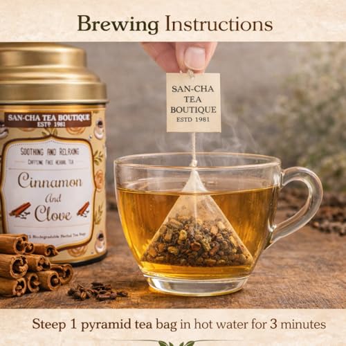 Image of Sancha Tea Boutique, Cinnamon & Clove Herbal Tea, Caffeine-Free Tisane, 25 Biodegradable Pyramid Tea Bags, Warming & Aromatic Herbal Blend
