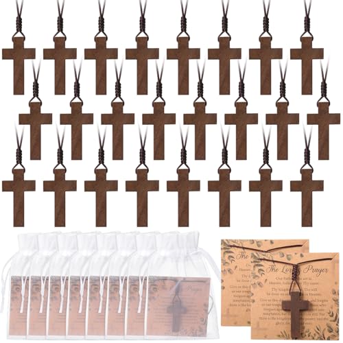 24 Set Wooden Cross Necklace Bulk Christian Gifts with 24 Prayer Necklace Cards 24 Organza Bags Wood Cross Pendant Necklace for Easter Party Men Women Prayer Spiritual Religious Jewelry