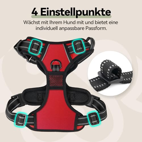 PHOEPET No Pull Hundegeschirr Verstellbares Hundewestengeschirr für den täglichen Spaziergang mit Schnalle am Hals und reflektierenden Streifen, Kontrollgriff für mittlere und große Hunde(Rot,XL)