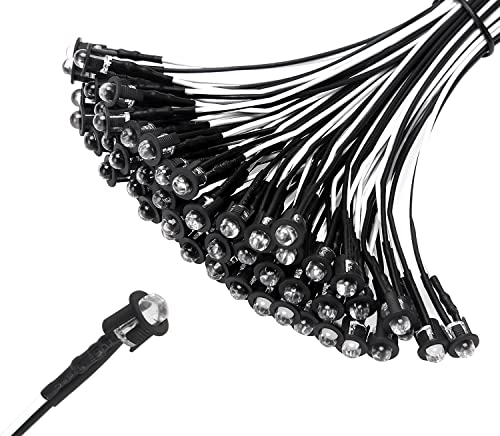 Lyeteung 50 Piezas 5mm 12V LED de Diodo Pre-Cableado, Blanco, 20cm Precableado LED Diodos Emisores de Luz + 50 Piezas 5mm Plástico Soporte de LED Cover