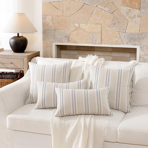 Image of Hckot Throw Pillow Covers 16x16 Set of 2 Blue Pillow Covers Farmhouse Decorative Pillows Textured Linen Square Cushion Covers for Sofa Couch Bed Living Room Decor(Lake Blue)