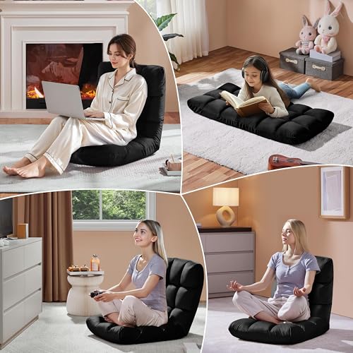 Image of Yaheetech Adjustable Floor Chair with Back Support, Foldable Thick Padded Seat for Meditation&Gaming on Floor, Space Saving Lazy Lounger for Bedroom Dorm, Black