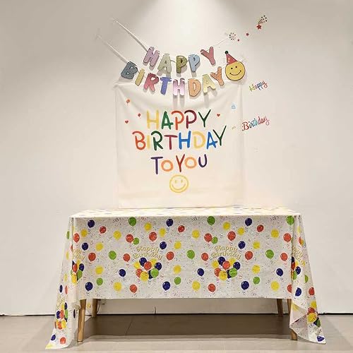 Bmqfsm 3-Piece 54" X 108"Plastic Happy Birthday Tablecloth Disposable Plastic Party Tablecloth Picnic Barbecue Kitchen Holiday Birthday Party (White Pattern) #TOP2
