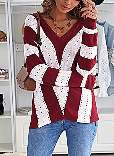 Image of FEKOAFE Womens 2026 Deep V Neck Sweaters Striped Long Sleeve Knit Pullover Sweaters for Women