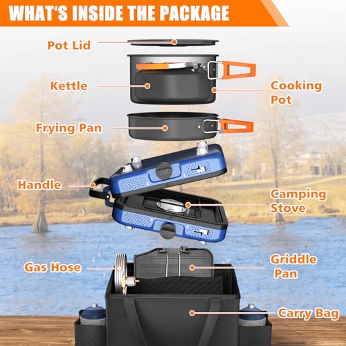 Hisencn Camping Stove,2 Burner Propane Stove,20000 BTU/h Camping Cooking set Includes Frying Pan,Kettle and Pot,Adjustable Burners & Piezo Ignition,Portable stove for camping Outdoor,Blue - Image 4