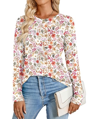 Sherosa Womens Floral Long Sleeve Shirts Crewneck Loose Fit Tunic Tops Business Dressy Casual Blouses