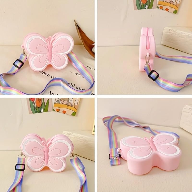 KALQIAD Cute Butterfly Kids Crossbody Bag | Soft Silicone Sling Bag for Girls | Lightweight Shoulder Bag with Adjustable Strap | Trendy Cartoon Purse for Toddlers & Children β Pink 2