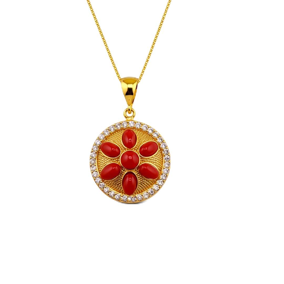 Ciondolo elegante tondo in argento 925 dorato con corallo rosso naturale del Mediterraneo catenina veneziana 45 cm gioiello donna ragazza elegante artigianale