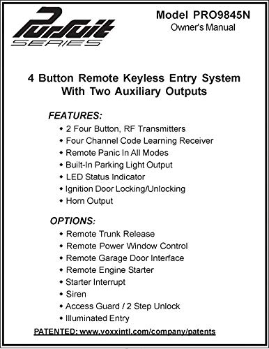 Audiovox Pursuit Series PRO9845N 4 Button Remote Keyless Entry System with Two Auxiliary Outputs (Renewed)