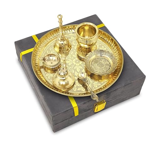 Image of BENGALEN Brass Pooja Thali Set with Grey Gift Box 8 Inch Pital Puja Thali Dhup Dan Kalash Palli Ghanti Kangura Plate Kuber Diya for Diwali Home Mandir Office Wedding Return Gifts Items