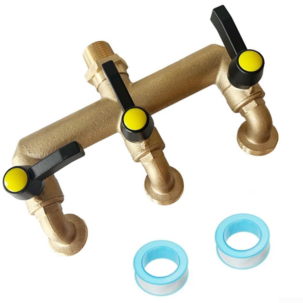 1 pz erogatore rubinetto, rubinetto da giardino in ottone a 3 vie con valvola a sfera di deviazione con ingresso NPT e uscita GHT consente di collegare contemporaneamente due timer di irrigazione (3/4